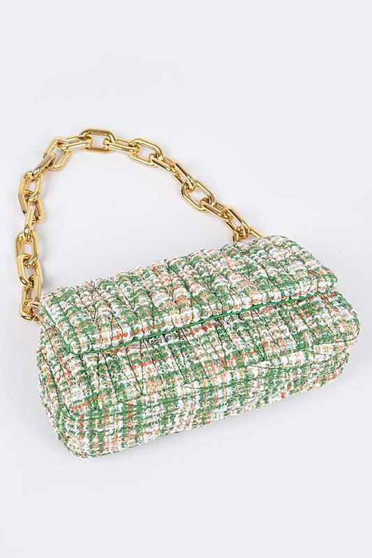 Green Quilted Tweed Chunky Chain Shoulder Bag