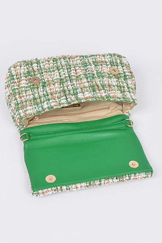 Green Quilted Tweed Chunky Chain Shoulder Bag