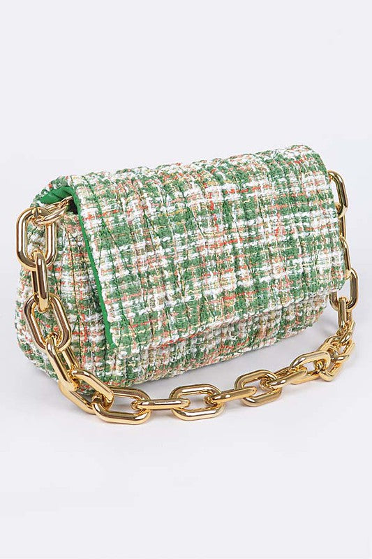 Green Quilted Tweed Chunky Chain Shoulder Bag