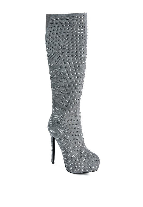 Grey  Rhinestone Embellished Stiletto Calf Boots