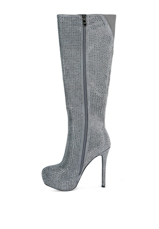 Grey  Rhinestone Embellished Stiletto Calf Boots