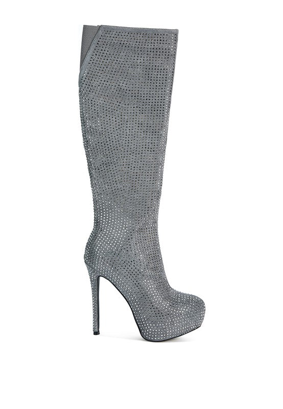 Grey  Rhinestone Embellished Stiletto Calf Boots