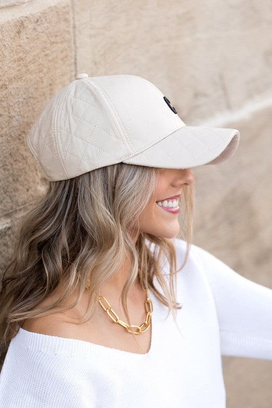 Ivory Quilted Puffer Ball Cap