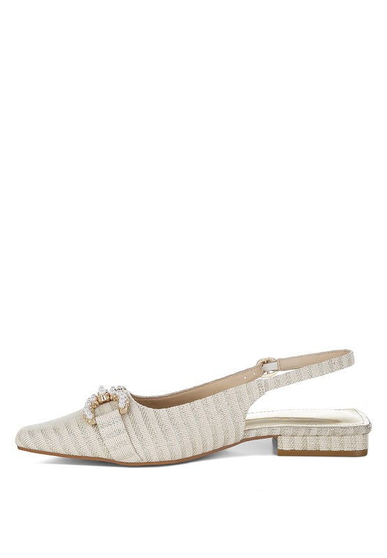 Pink Crina Pearl-Detailed Horsebit Woven Flats