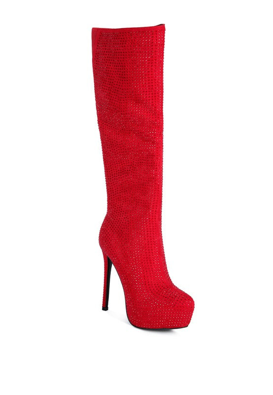 Red  Rhinestone Embellished Stiletto Calf Boots