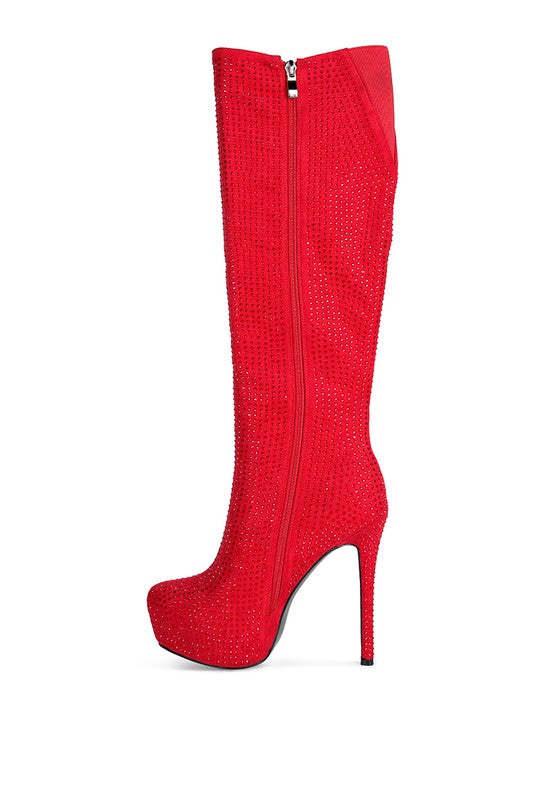 Red  Rhinestone Embellished Stiletto Calf Boots