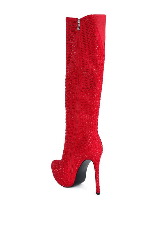 Red  Rhinestone Embellished Stiletto Calf Boots