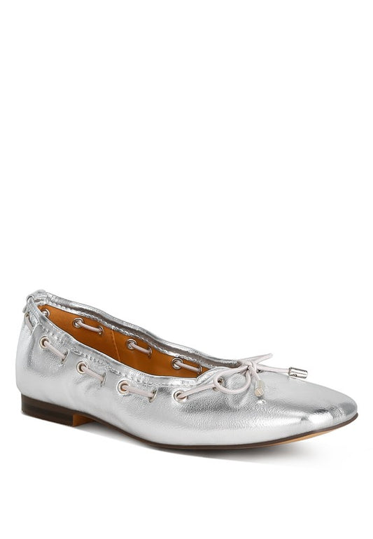 Silver Metallic Eyelet Detail Bow Ballerinas