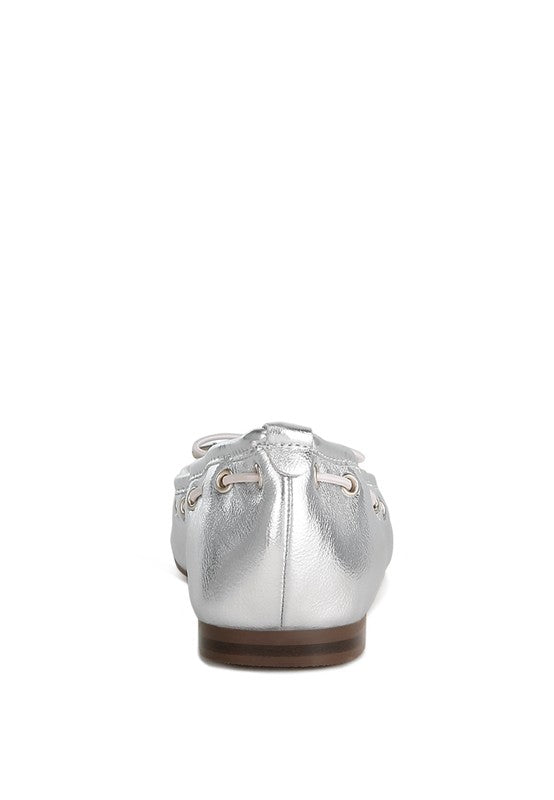 Silver Metallic Eyelet Detail Bow Ballerinas