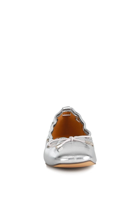 Silver Metallic Eyelet Detail Bow Ballerinas