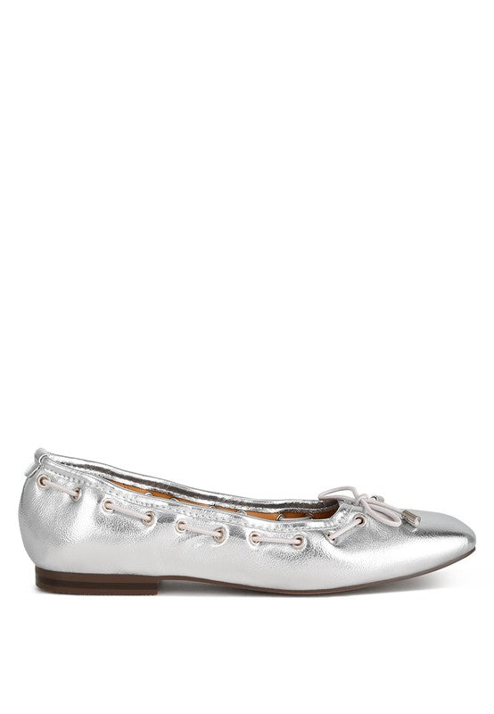 Silver Metallic Eyelet Detail Bow Ballerinas