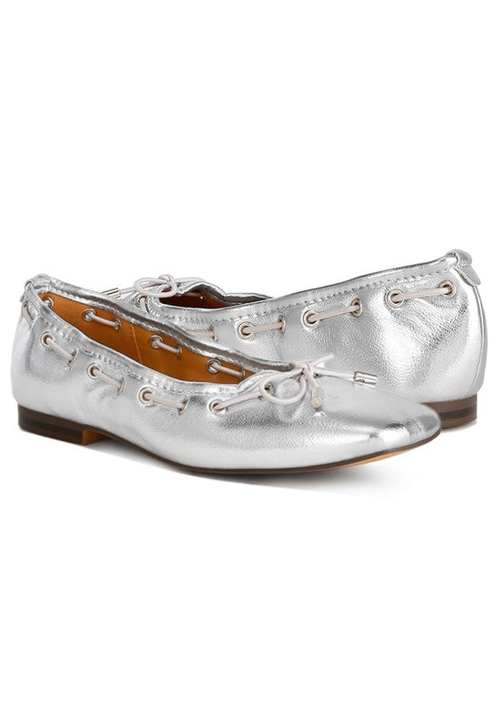 Silver Metallic Eyelet Detail Bow Ballerinas