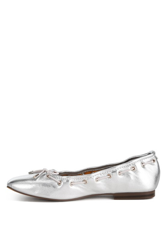 Silver Metallic Eyelet Detail Bow Ballerinas