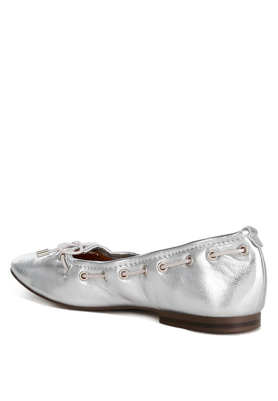 Silver Metallic Eyelet Detail Bow Ballerinas