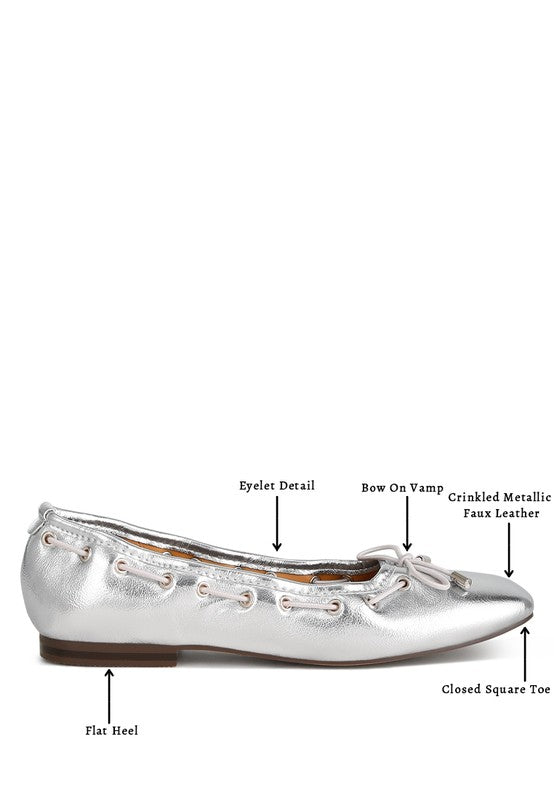 Silver Metallic Eyelet Detail Bow Ballerinas