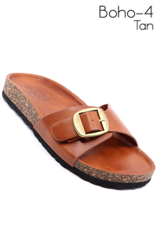 Tan Boho Slide Sandal with Buckle Ornament