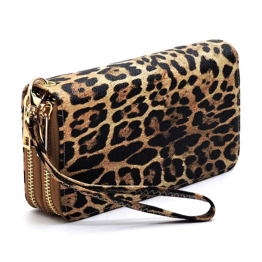 Tan Leopard Double Zip Around Wallet Wristlet