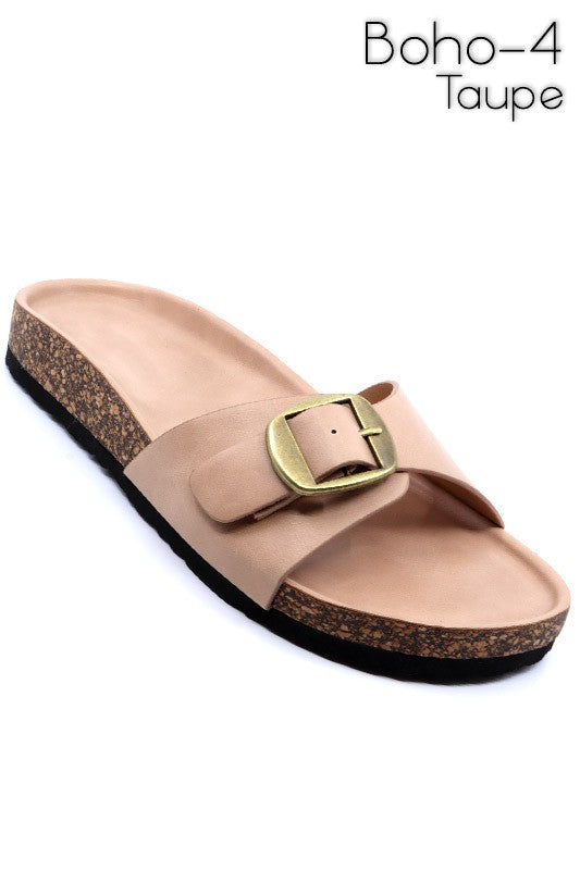 Taupe Boho Slide Sandal with Buckle Ornament