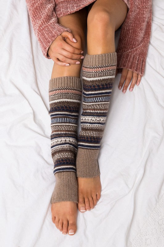 Taupe Fair isle Print Legwarmer Thick Knit 