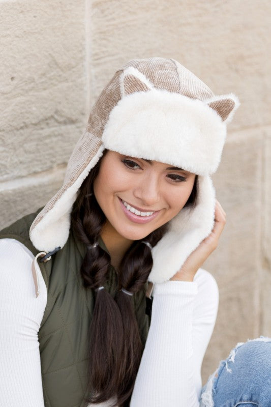 Taupe Kitten Ear Trapper Hat Faux Fur Plush 