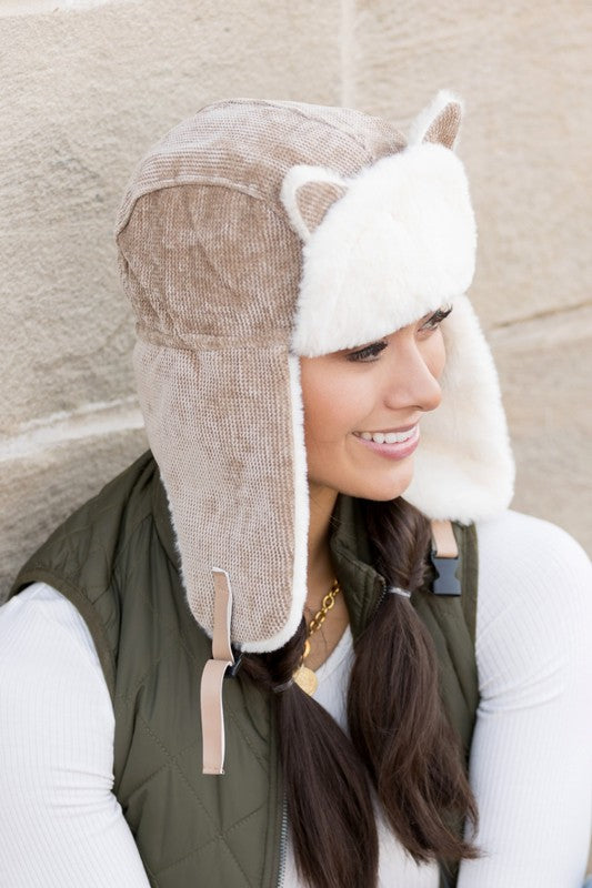 Taupe Kitten Ear Trapper Hat Faux Fur Plush 