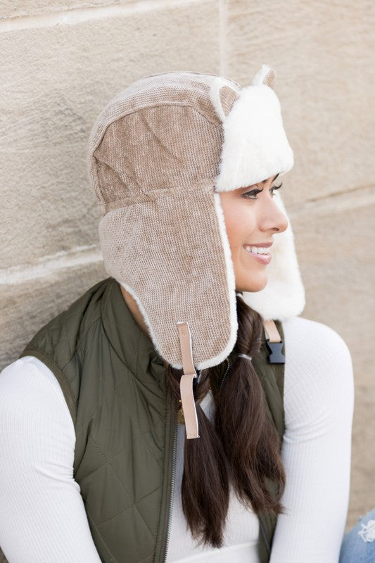 Taupe Kitten Ear Trapper Hat Faux Fur Plush 