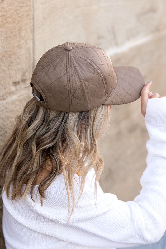 Taupe Quilted Puffer Ball Cap