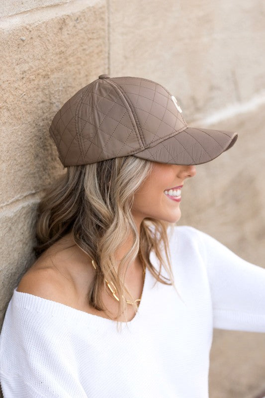 Taupe Quilted Puffer Ball Cap