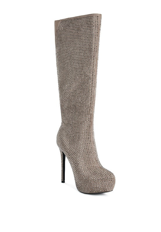 Taupe  Rhinestone Embellished Stiletto Calf Boots