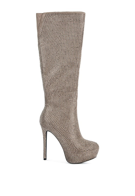 Taupe  Rhinestone Embellished Stiletto Calf Boots