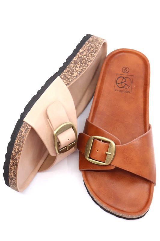 Taupe Boho Slide Sandal with Buckle Ornament