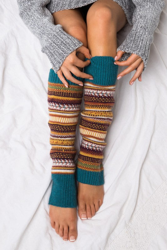 Teal Fair isle Print Legwarmer Thick Knit 