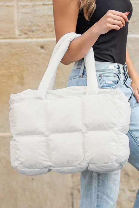 White  Nylon Puffer Tote with Zipper