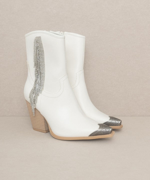 White Rhinestone Fringe Boots