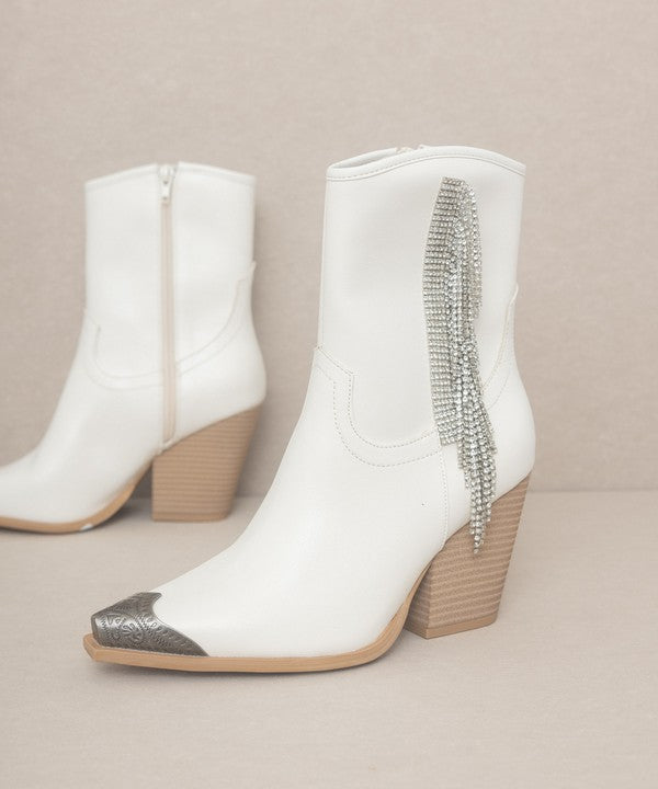 White Rhinestone Fringe Boots