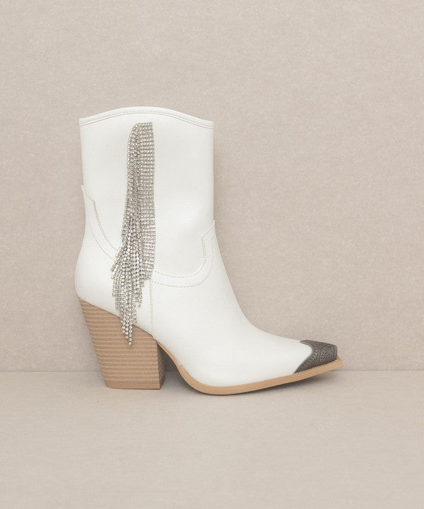 White Rhinestone Fringe Boots