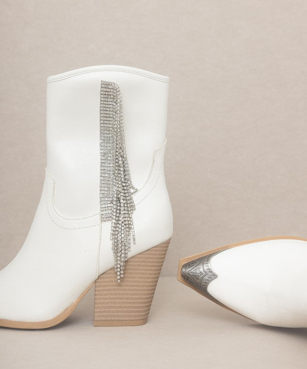 White Rhinestone Fringe Boots