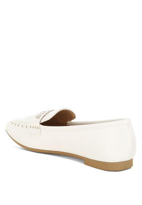 White Studded Faux Leather Loafers