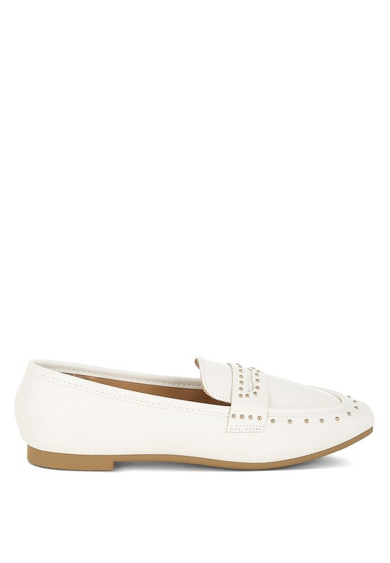 White Studded Faux Leather Loafers