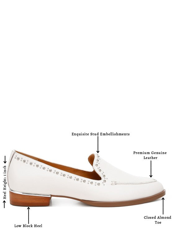 White Wolferton Delicate Stud Detail Leather Loafers