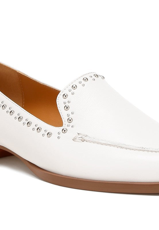 White Wolferton Delicate Stud Detail Leather Loafers