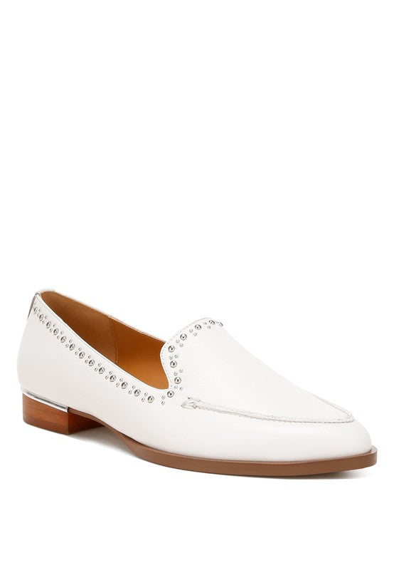 Whte Wolferton Delicate Stud Detail Leather Loafers