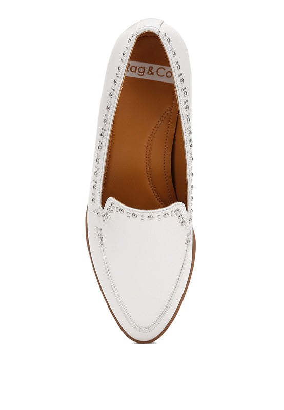 White Wolferton Delicate Stud Detail Leather Loafers