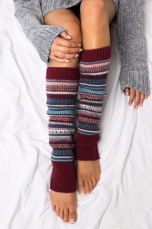 Wine Fair isle Print Legwarmer Thick Knit 