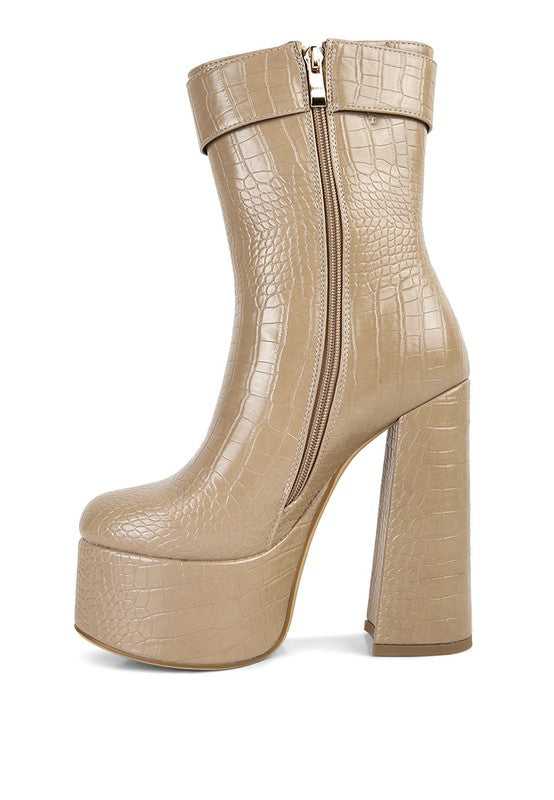 Taupe Bumpy Croc High Block Heeled Chunky Ankle Boots