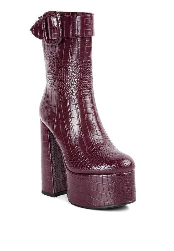 Burgundy Bumpy Croc High Block Heeled Chunky Ankle Boots