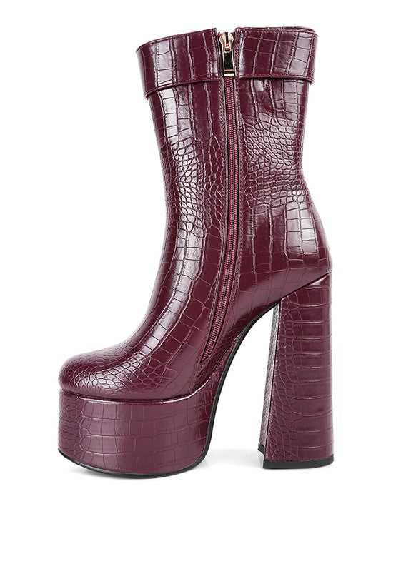 Burgundy Bumpy Croc High Block Heeled Chunky Ankle Boots