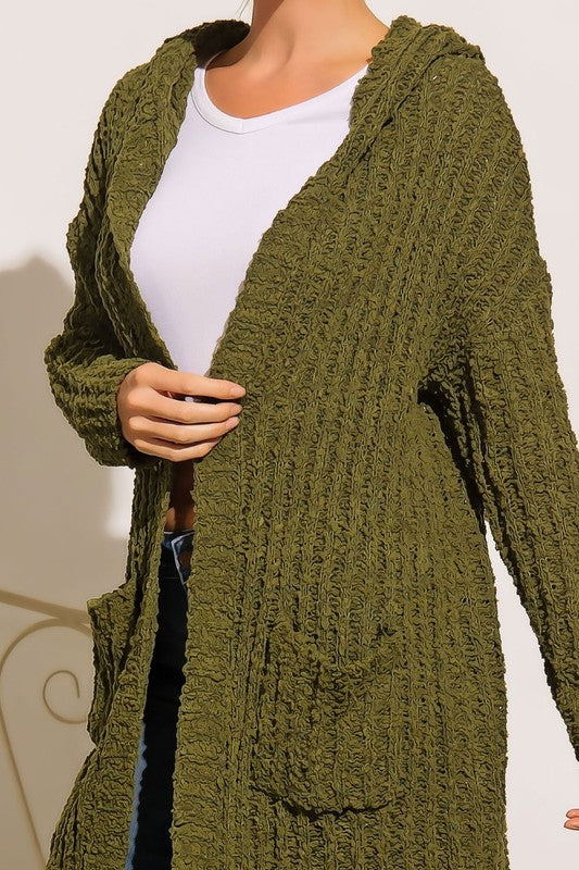 Olive PLUS RIBBED POPCORN KNIT FULL BODY HOODIE CARDIGAN