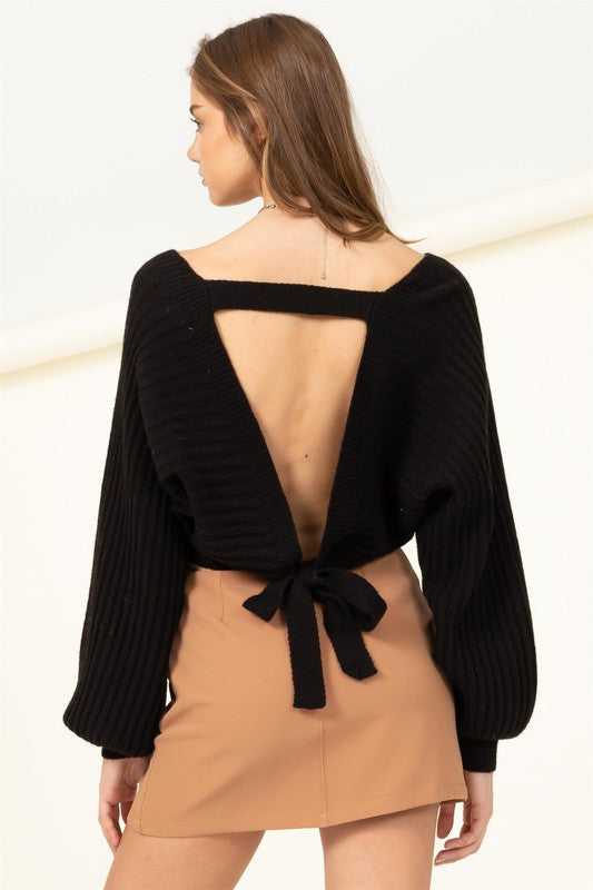 Black Tie-Back Cropped Sweater Top