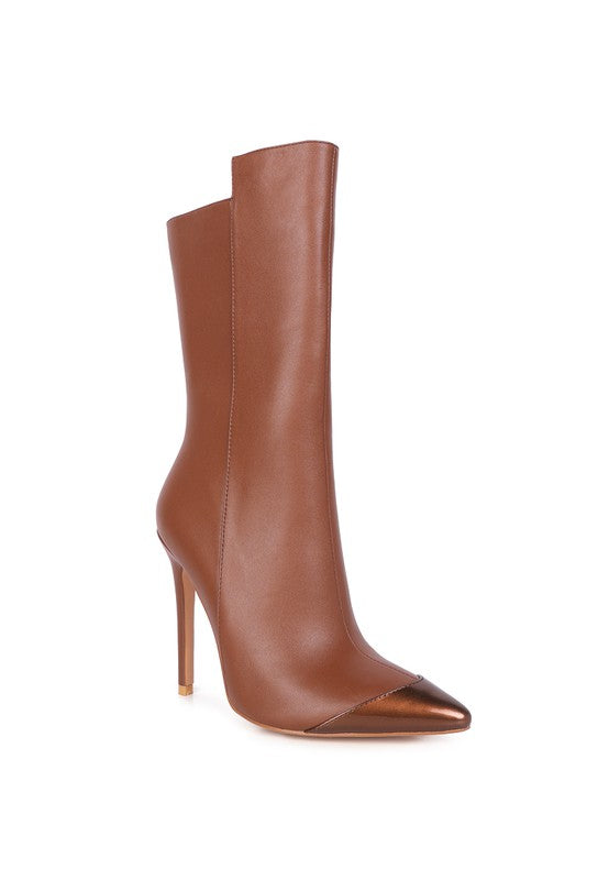 TWITCH Silver Dip Stiletto Boot in Tan and Bronze 